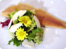 Geräuchertes Forellenfilet auf Avocadotartar und Mandelvinaigrette