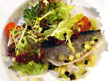 Pochierter Saibling an sommerlichen Salaten und Kartoffel-Gurkenvinairette