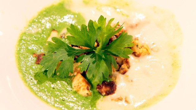 Tofuwürfel im Kürbiskernmantel auf Petersiliencreme